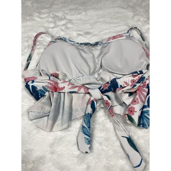 Bikini Top Size Medium Floral White Ruffled Tie Back 3443 Beach Pool - Picture 6 of 14